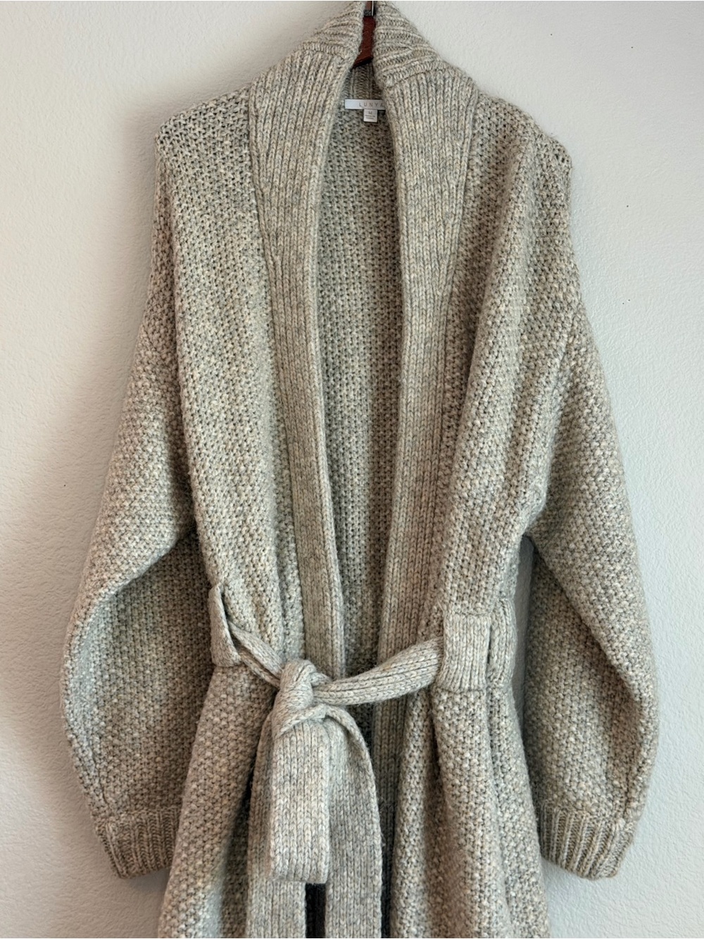 LUNYA Chunky Wool Knit Robe Cardigan M Belted Long Coatigan Soothing Grey - Picture 7 of 10